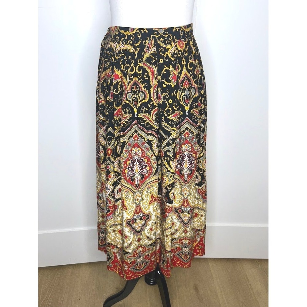 Vintage Susan Bristol Maxi Skirt Black Red Gold Paisley Pleated Pockets 8/10